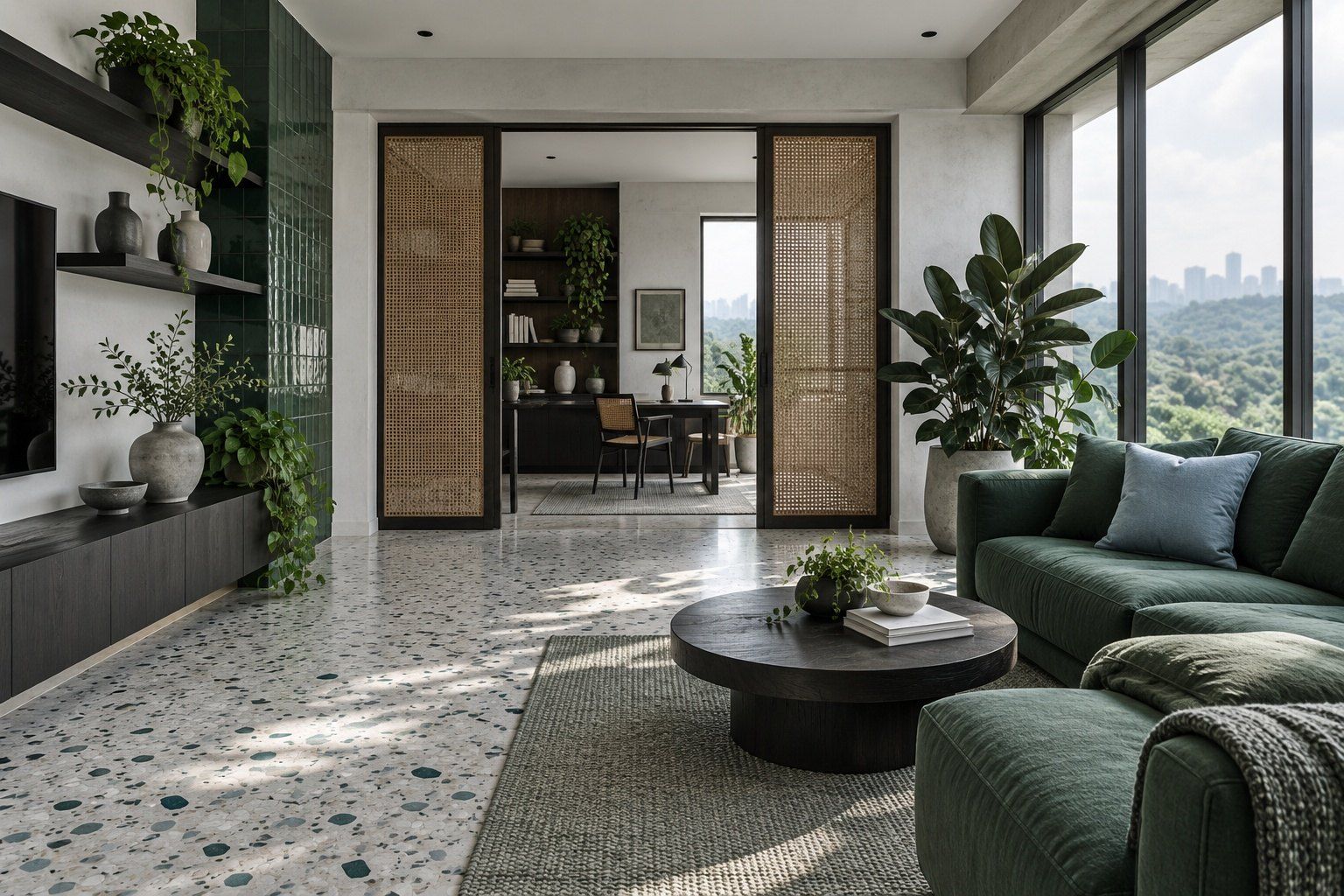 Condominium living room with white plaster walls, rattan screen doors, dark timber shelving and plants