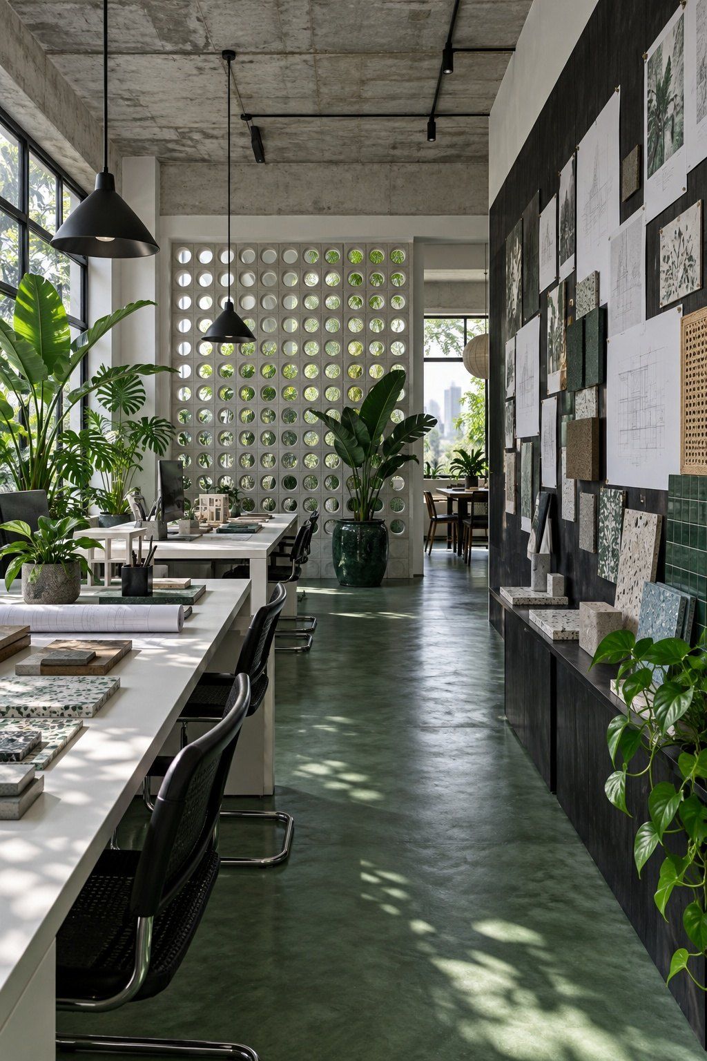 Small office in a shoplot with an exposed concrete ceiling, green screed floor and a dark timber pin-up wall
