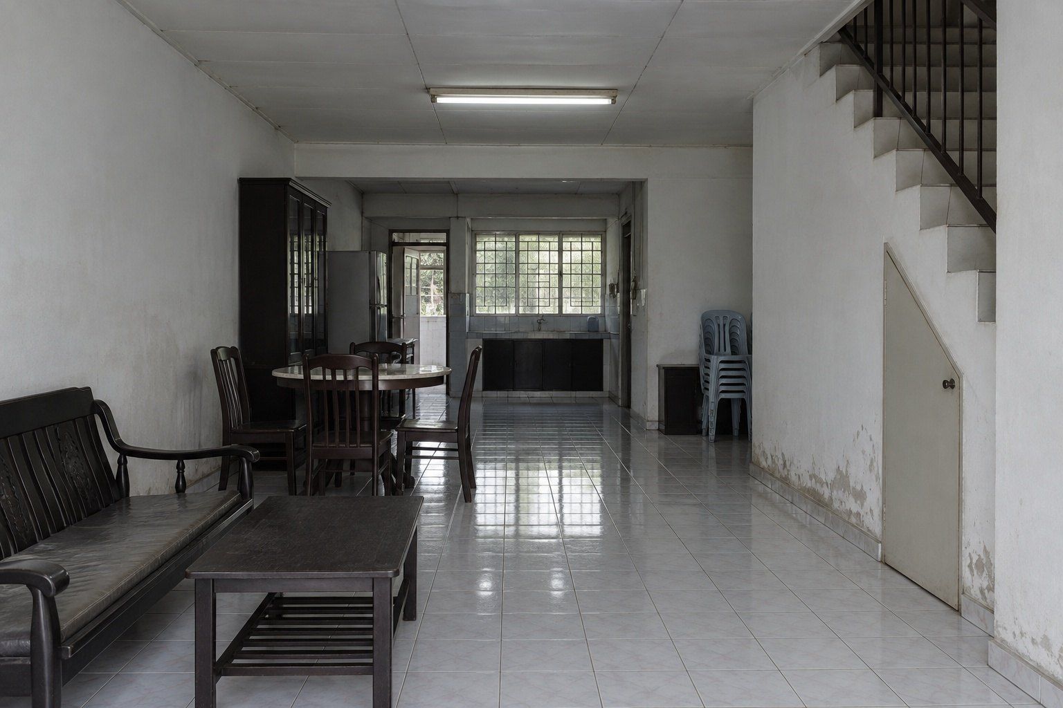 Before: the living room with a low false ceiling, white floor tiles, a metal grille and a fluorescent tube light